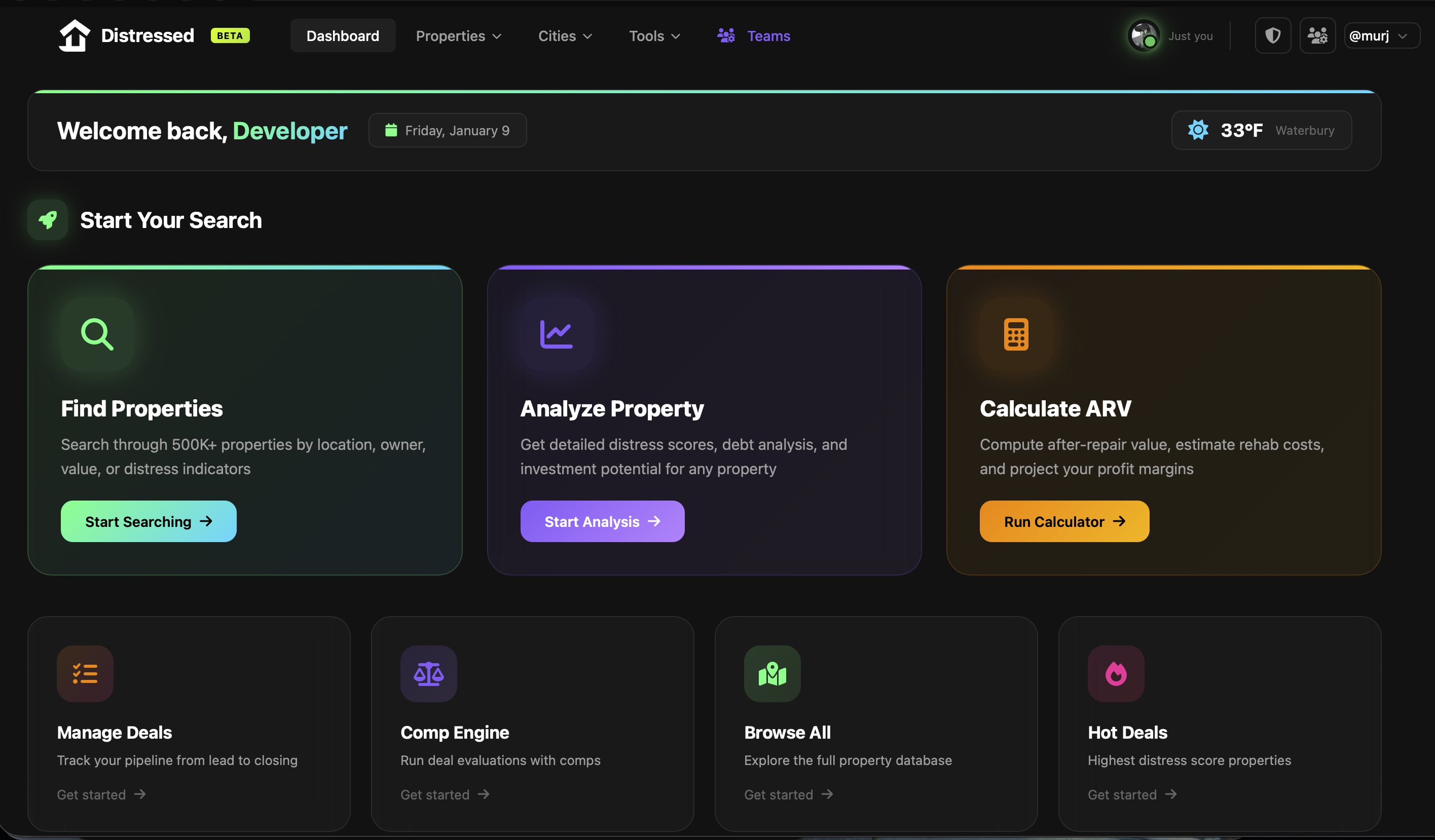 DistressedApp Dashboard showing property search and analytics
